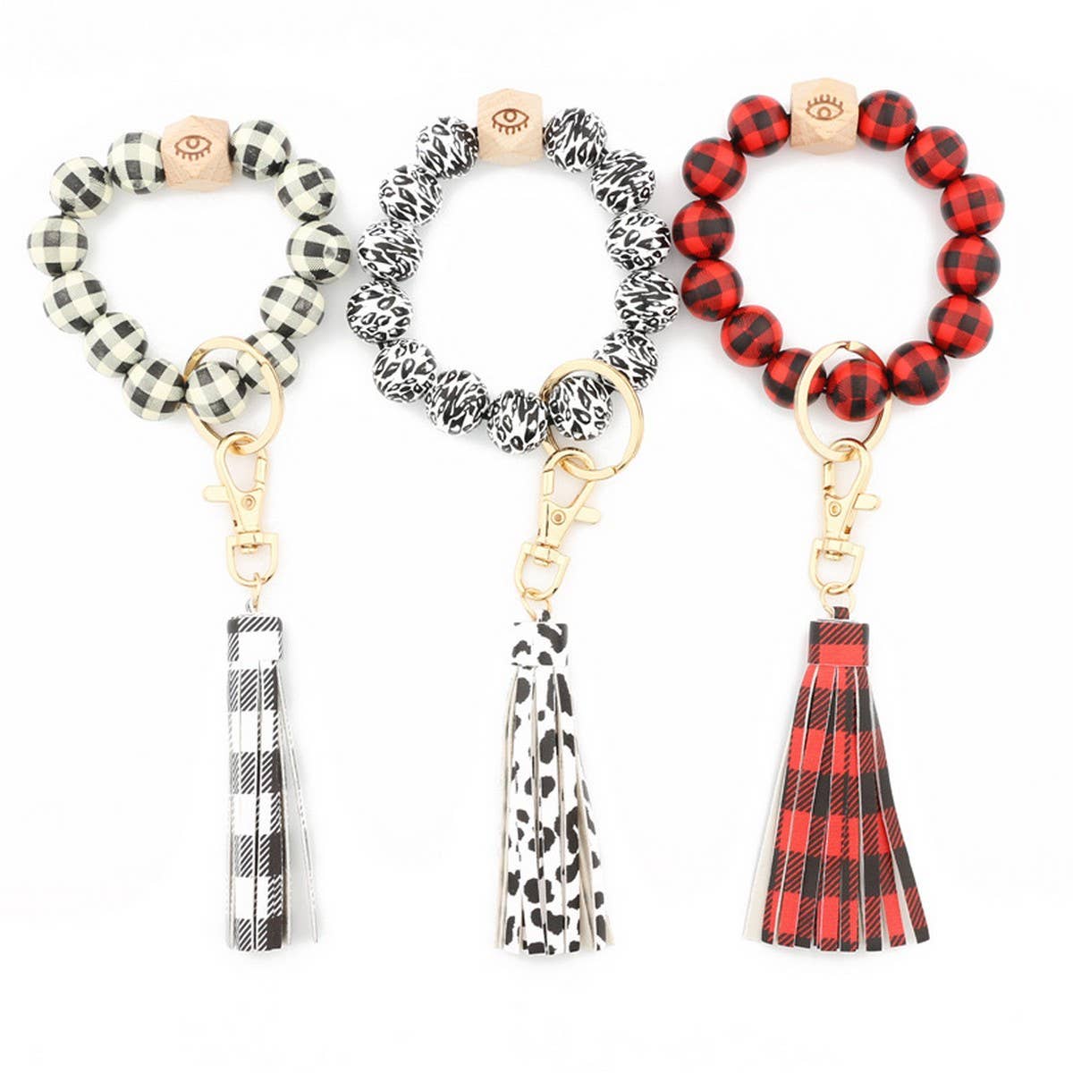 LEOPARD PLAID BEAD BRACELET KEYCHAIN TASSEL_CWMM7017