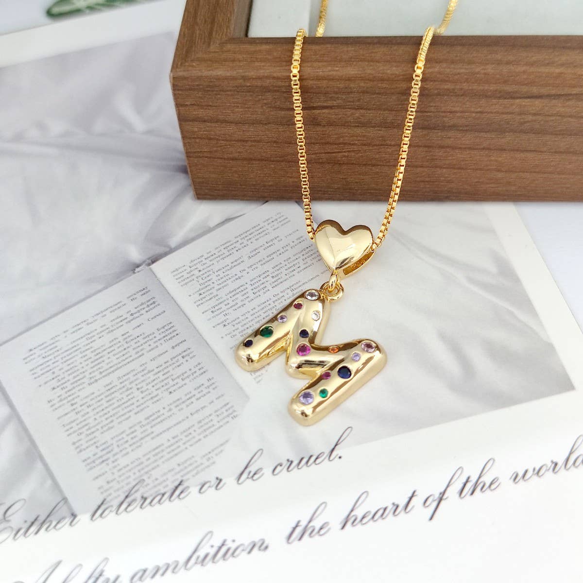 COLORFUL ZIRCONIA HEART LETTER PENDANT NECKLACE_CWMM5875