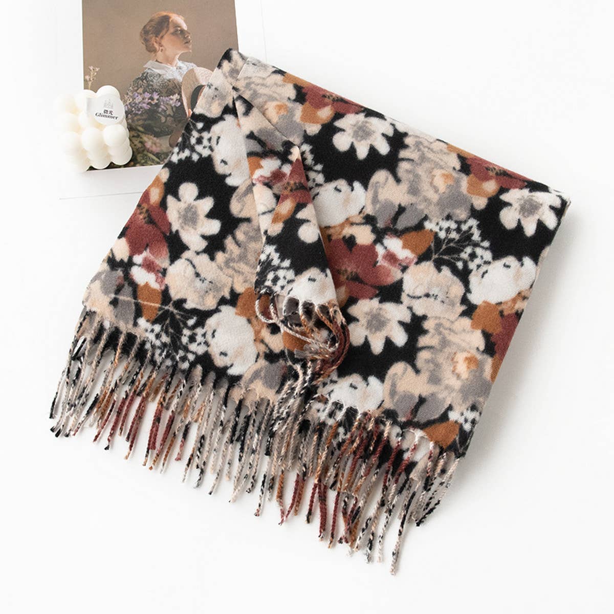 FLORAL FAUX CASHMERE SCARF SOFT WARM TASSEL SHAWL_CWASC0913