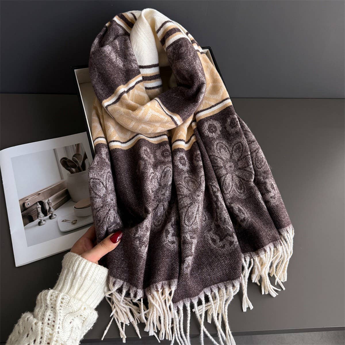 Fresh Floral Winter Tassel Scarf Soft Cashmere_Cwasc03248