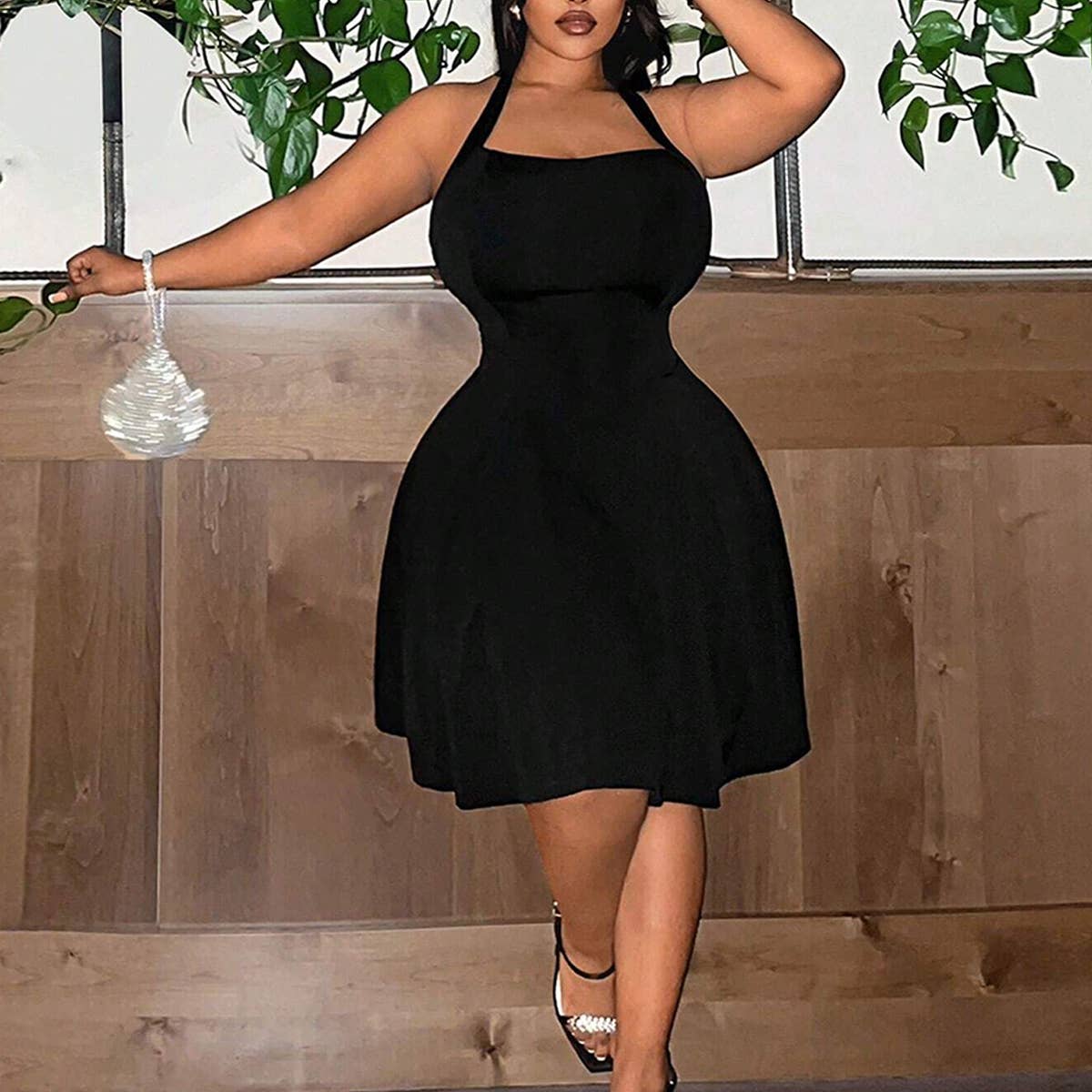 SQUARE NECK HALTER CINCHED WAIST A LINE DRESS_CWDMD6063