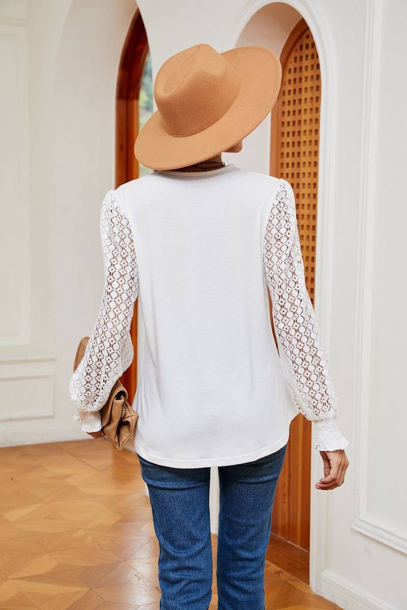 Cwtbll2401_V-Neck Lace Stitching Long-Sleeved Casual Top