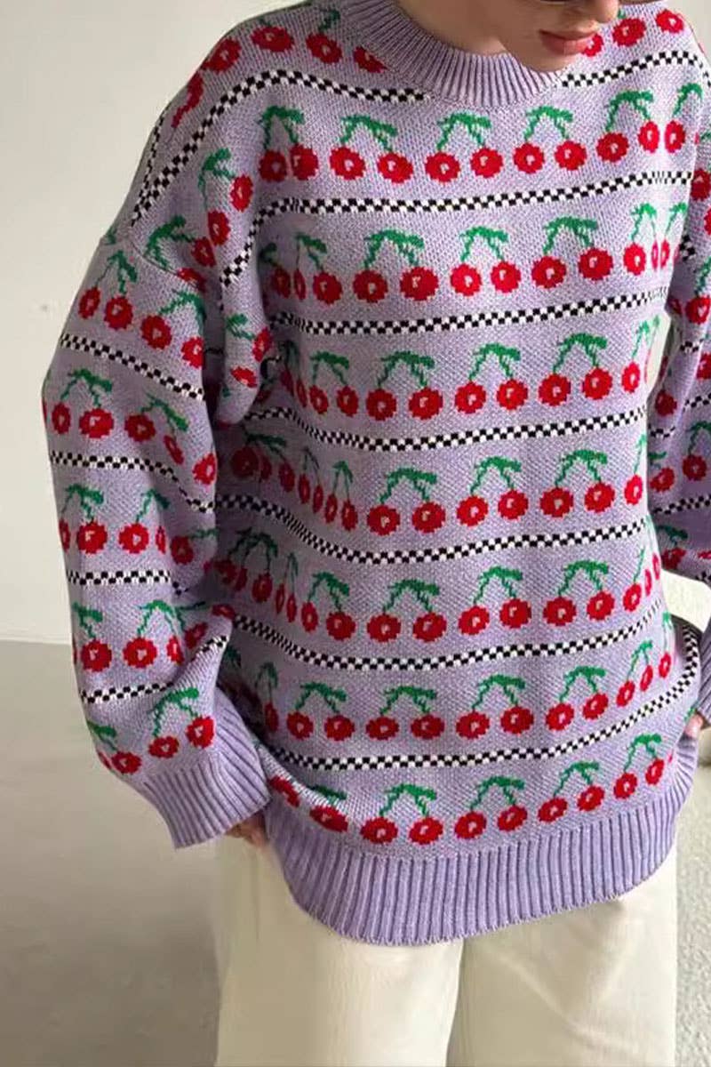 Vintage Cherry Jacquard Knit Crew Neck Pullover