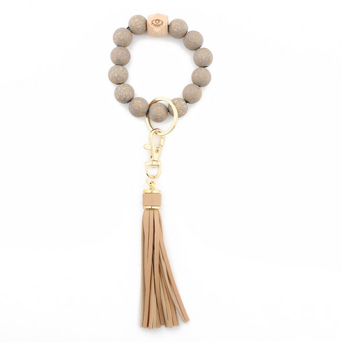 LEOPARD WOOD BEAD BRACELET KEYCHAIN WITH TASSEL_CWMM7016