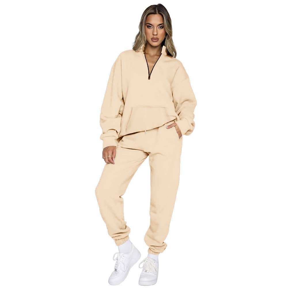 Solid-Color Zipper Sweatshirt And Sweatpants Set