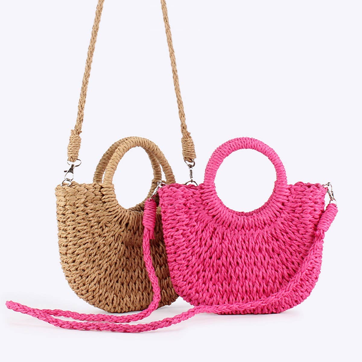 SOLID COLOR SEMI CIRCLE HANDMADE STRAW BAG_CWAB4696