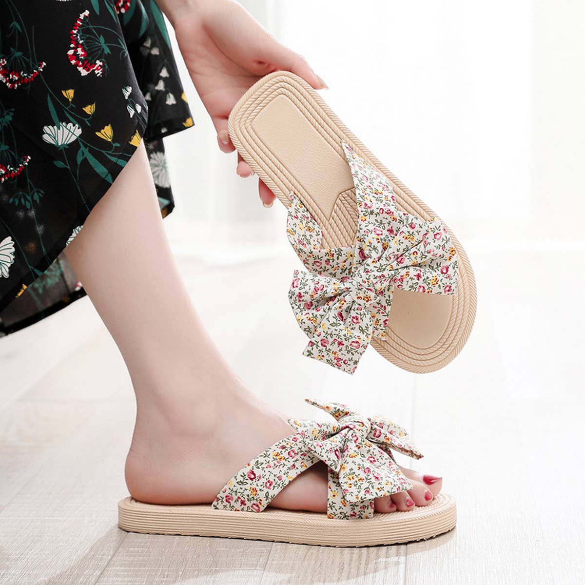 New Printed Flower Bow Sandals_Cwshs0724