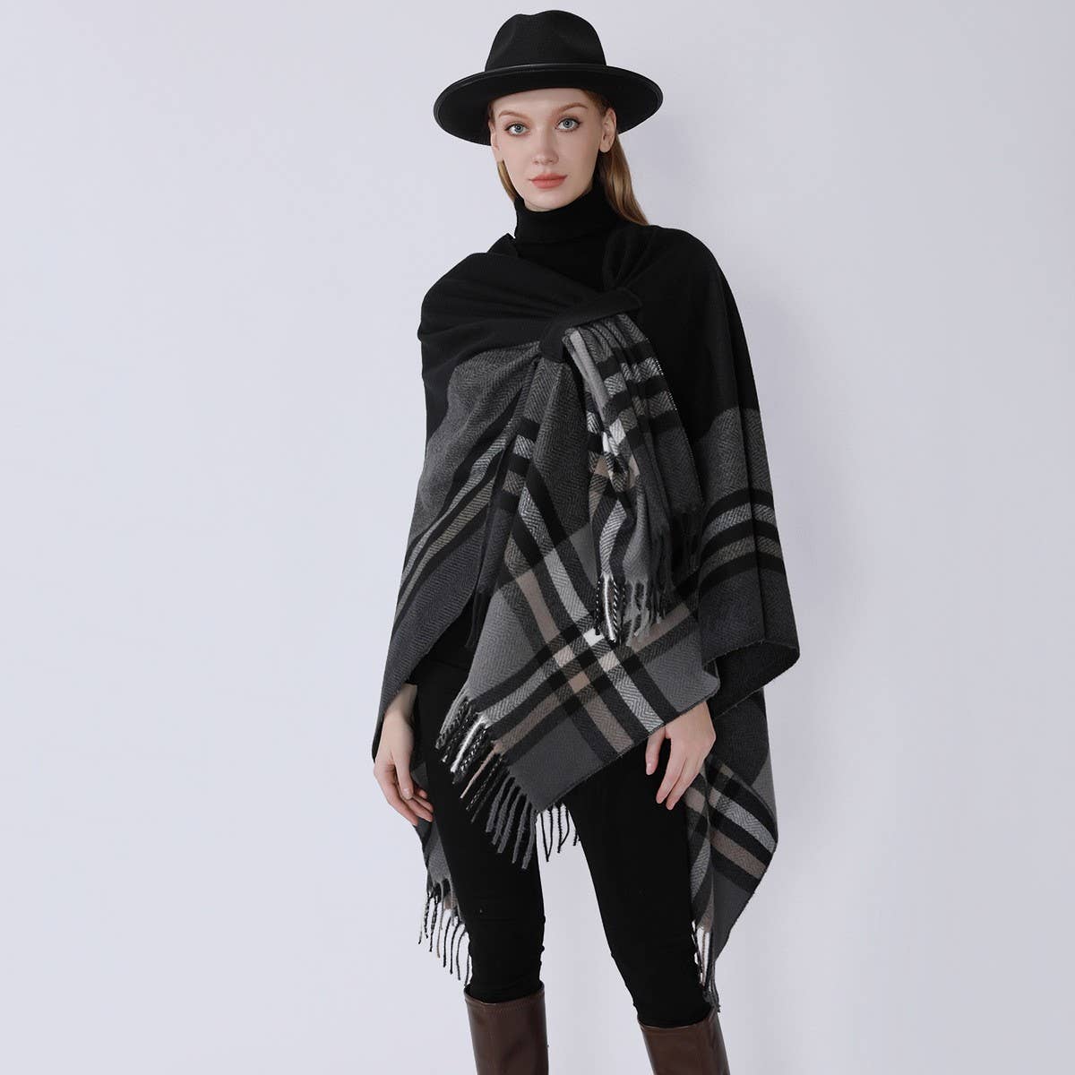 NEW KNITTED TASSEL DOUBLE SIDED PLAID SHAWL_CWMM2085
