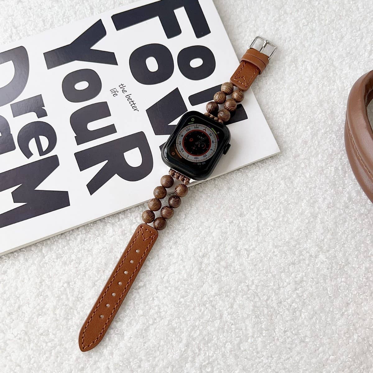 IWATCH9 1 SE WOODEN BEADS GENUINE LEATHER STRAP_CWWW0048