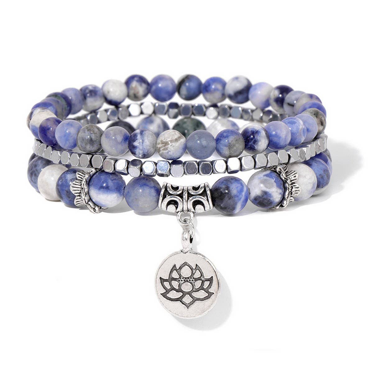 Cwaje4221_Natural Stone Beaded Bracelet with Lotus Charm