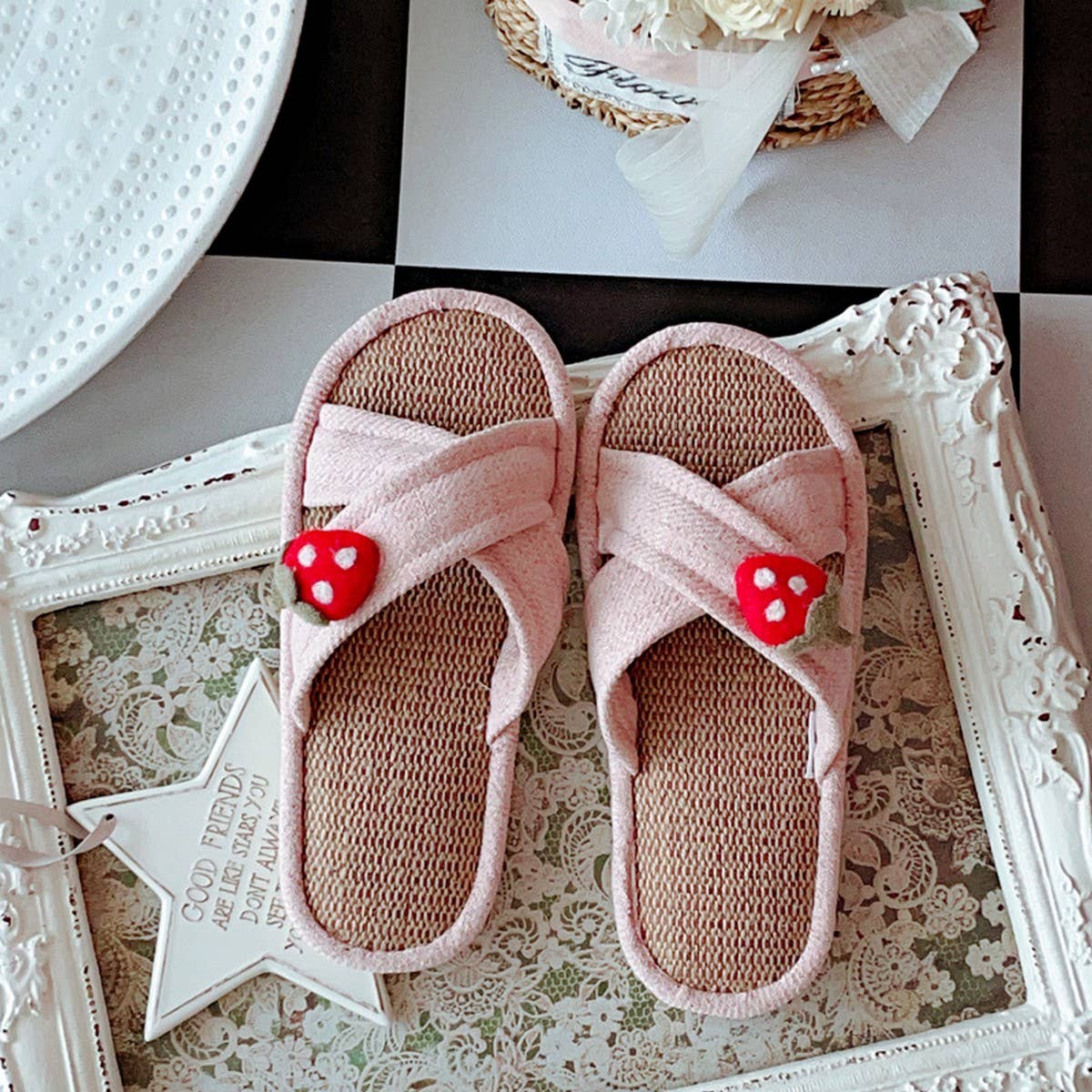 RETRO CROSS LINEN NON SLIP SLIPPERS FOR WOMEN_CWMM2948