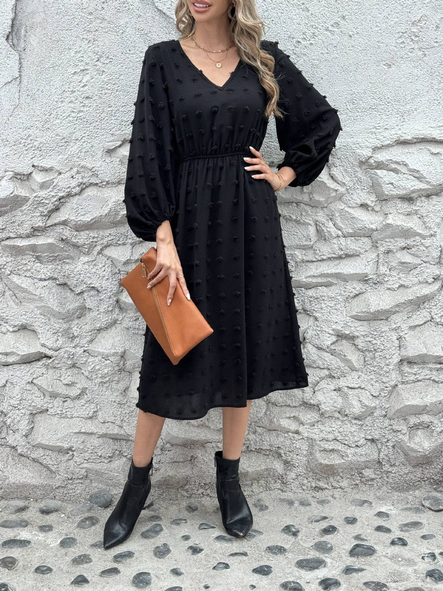 V-Neck,Cinched Waist,Woolen Long-Sleeved Dress