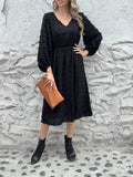 V-Neck,Cinched Waist,Woolen Long-Sleeved Dress