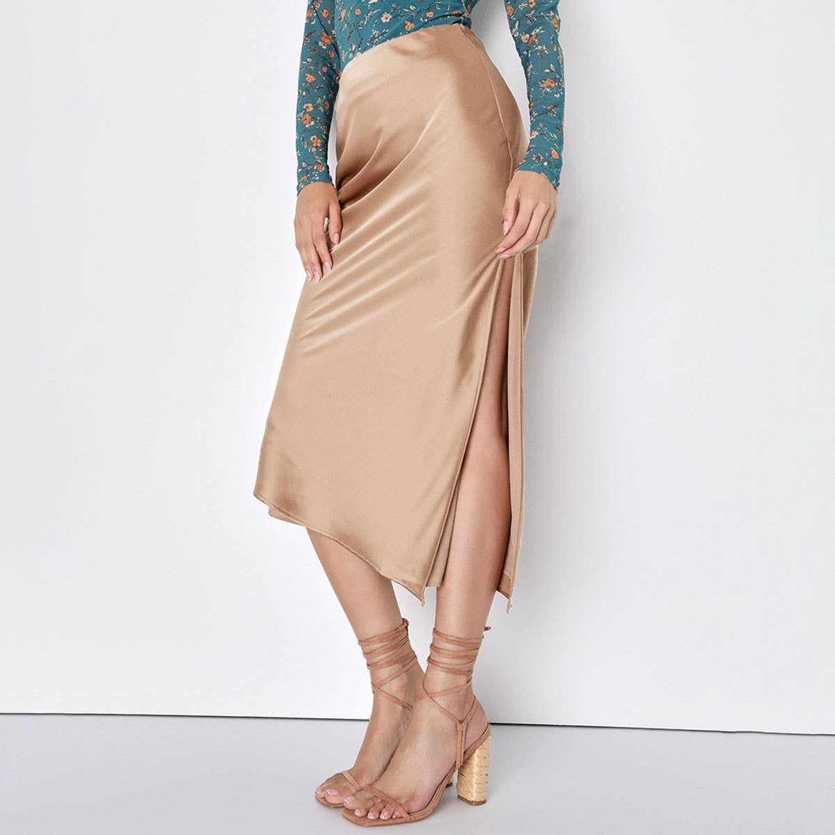 SATIN SKIRT ASYMMETRIC HIGH WAIST MAXI SKIRT_CWBSS0413