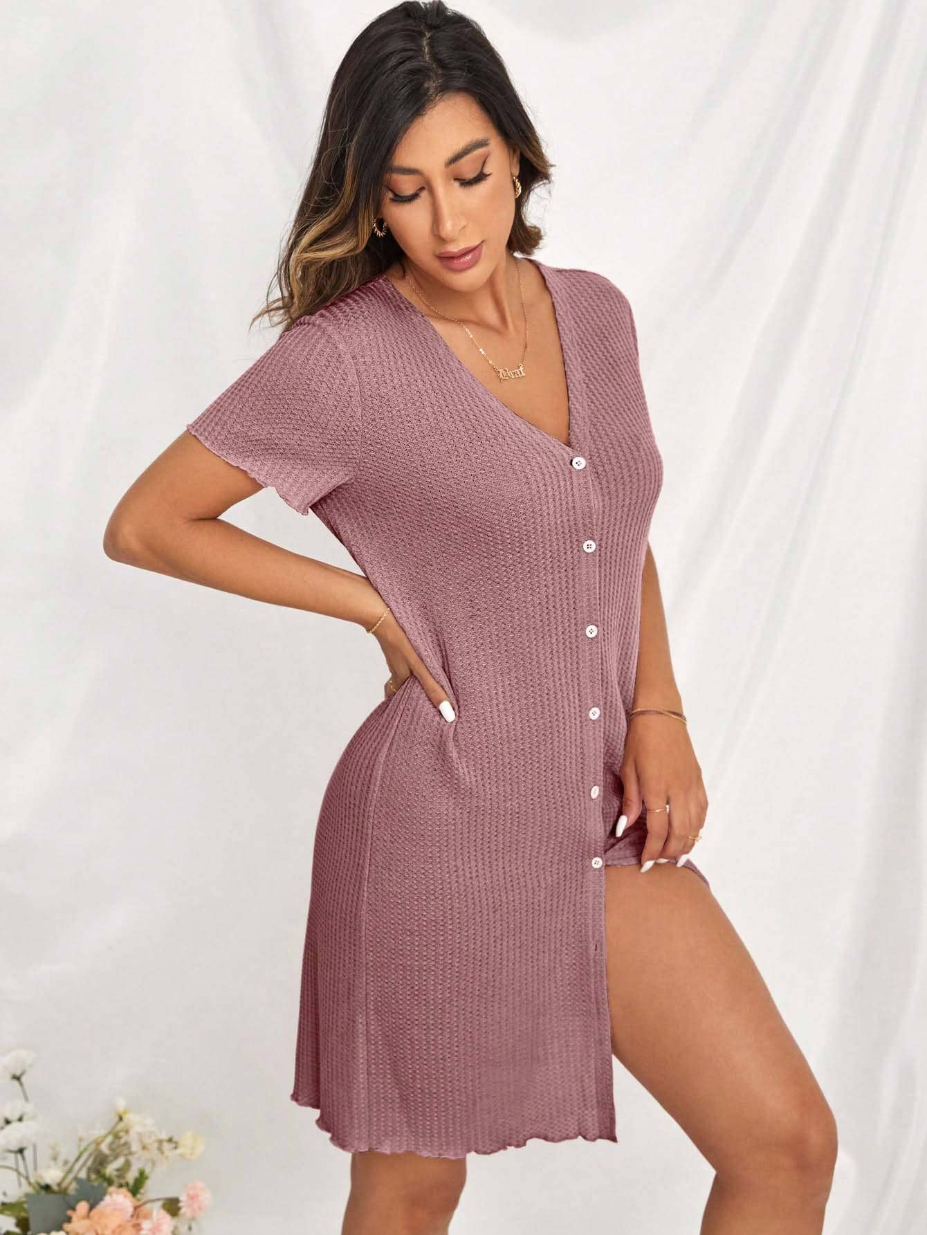 V-Neck Short-Sleeved Single-Breasted Home Dress