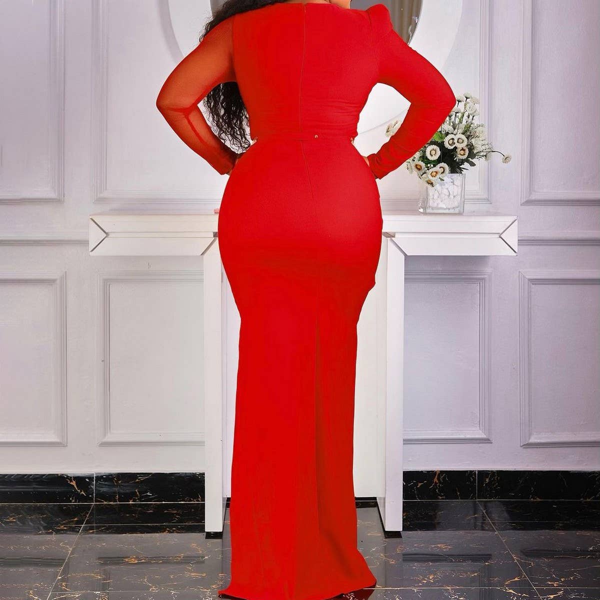 MESH SPLICING SOLID COLOR FASHIONABLE SLIT DRESS_CWDMD3708