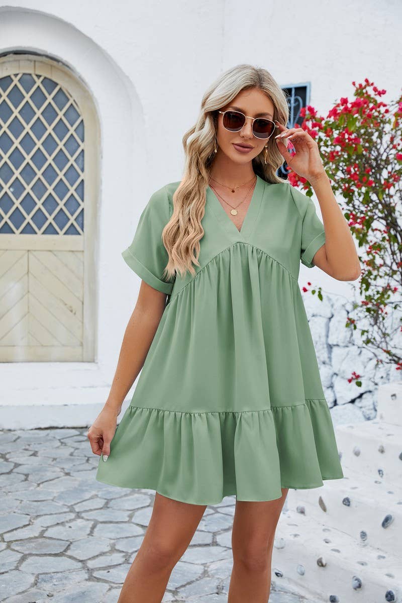 V Neck Solid Color Short Sleeve Pleated Dress_Cwdsd2696