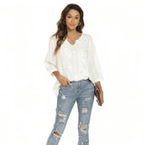 Solid-Color Mid-Sleeved V-Neck Embroidered Shirt
