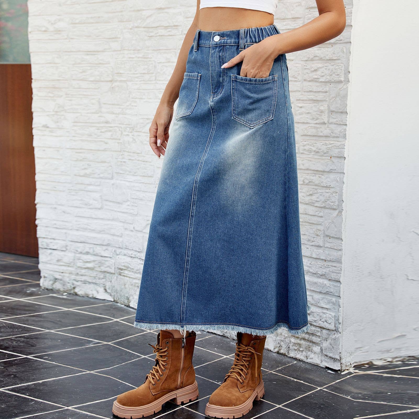 Washed Denim Skirt With Raw Hem Midi