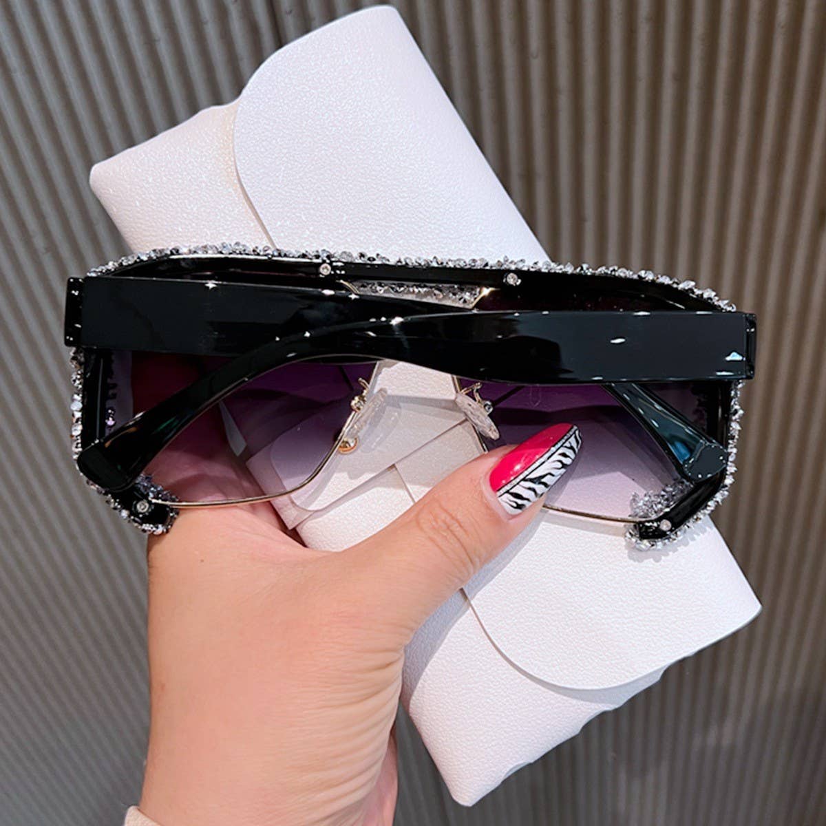 DOUBLE BRIDGE POLYGONAL RHINESTONE SUNGLASSES_CWASG0832