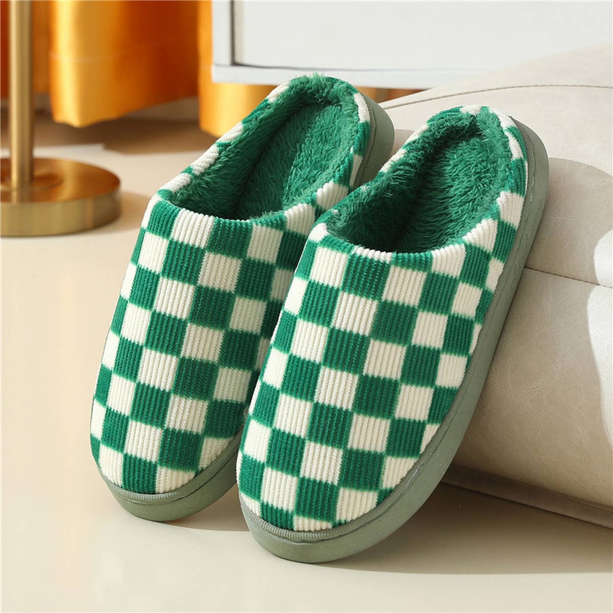 Household Simple Checkered Cotton Slippers_Cwshs0332