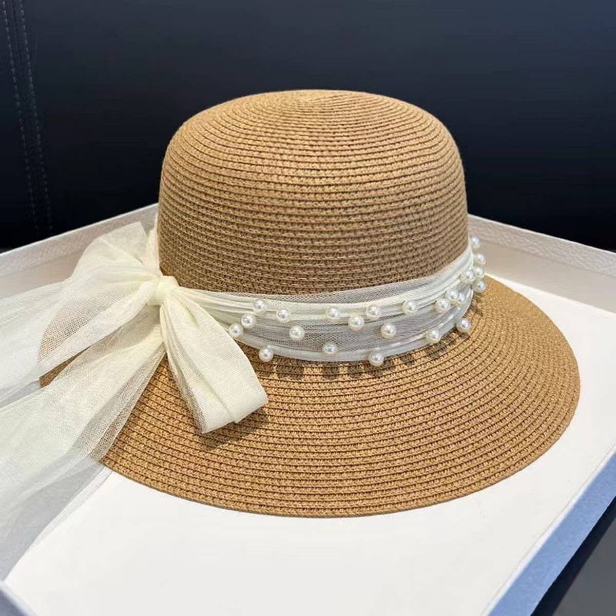 SUMMER ELEGANT PEARL BOW STRAW HAT FOR WOMEN_CWAH3401
