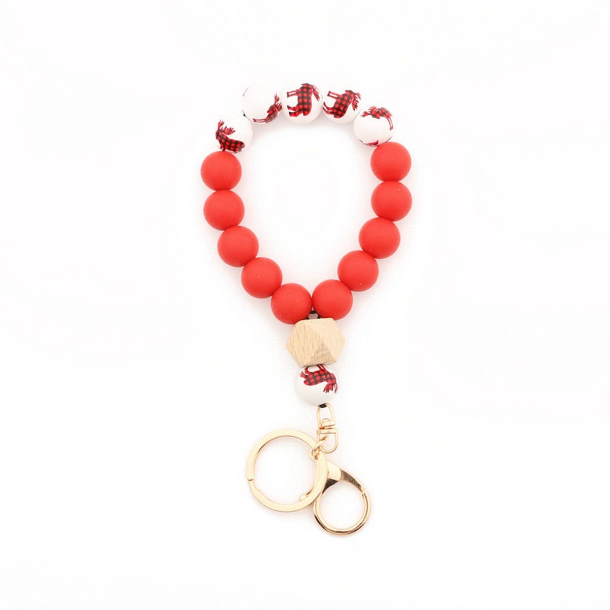 CHRISTMAS WOOD BEAD BRACELET WITH SILICONE KEYCHAIN_CWMM7014