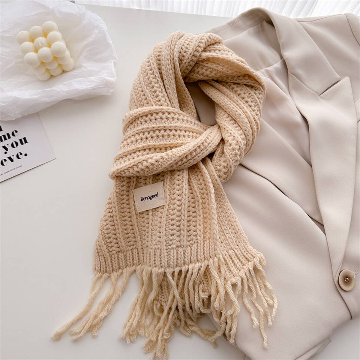 CABLE KNIT WOOL SCARF WITH TASSELS FOR WOMEN_CWASC2756