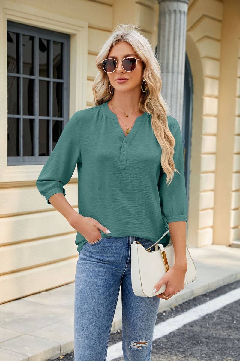 V Neck Button Solid Color Loose T Shirt_Cwtsts0188