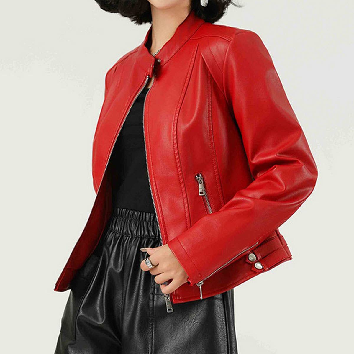 RED PU LEATHER JACKET STAND COLLAR SPRING FALL_CWMM9012