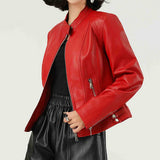 RED PU LEATHER JACKET STAND COLLAR SPRING FALL_CWMM9012