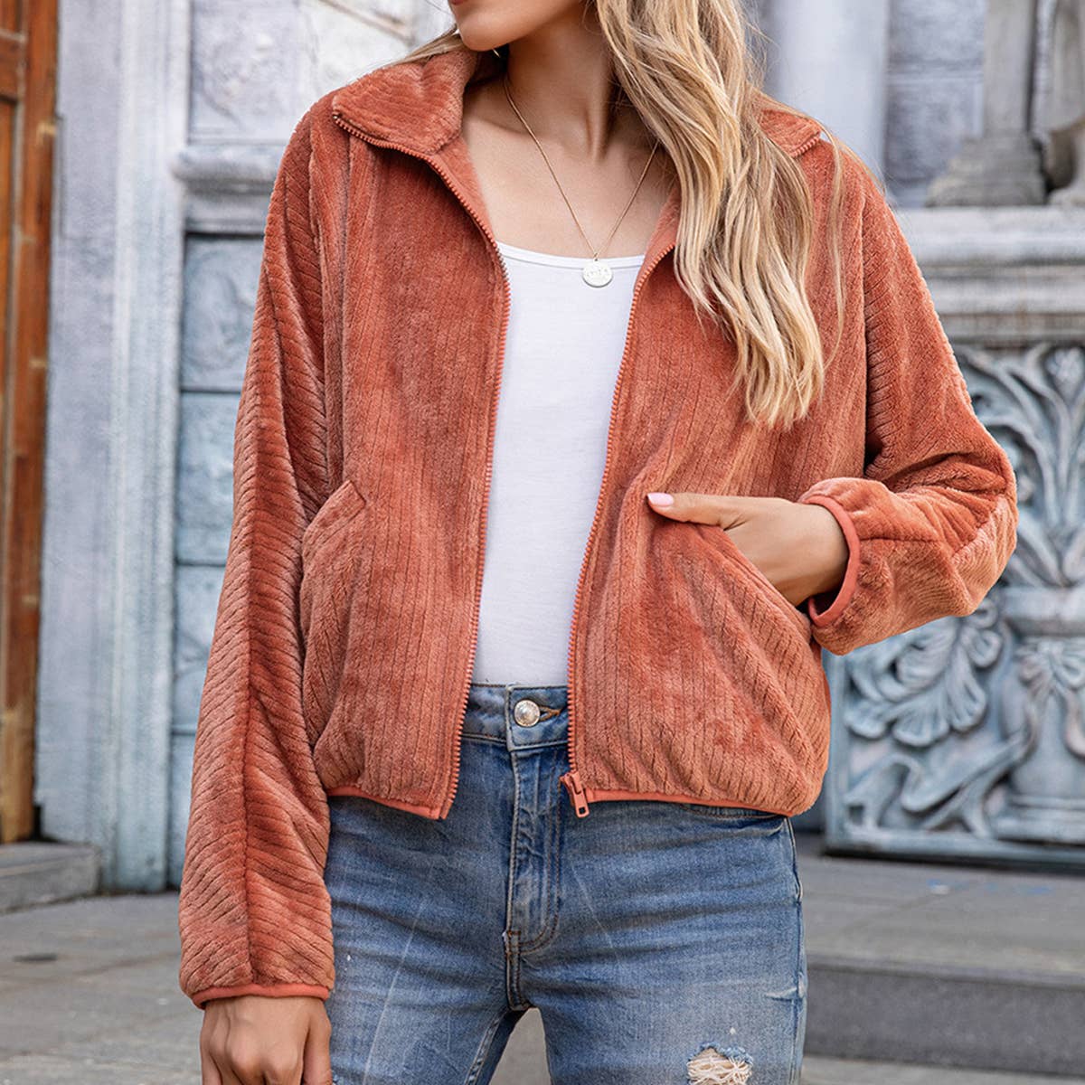 Velveteen Zipper Top Womens Fashion Hoodie Coat