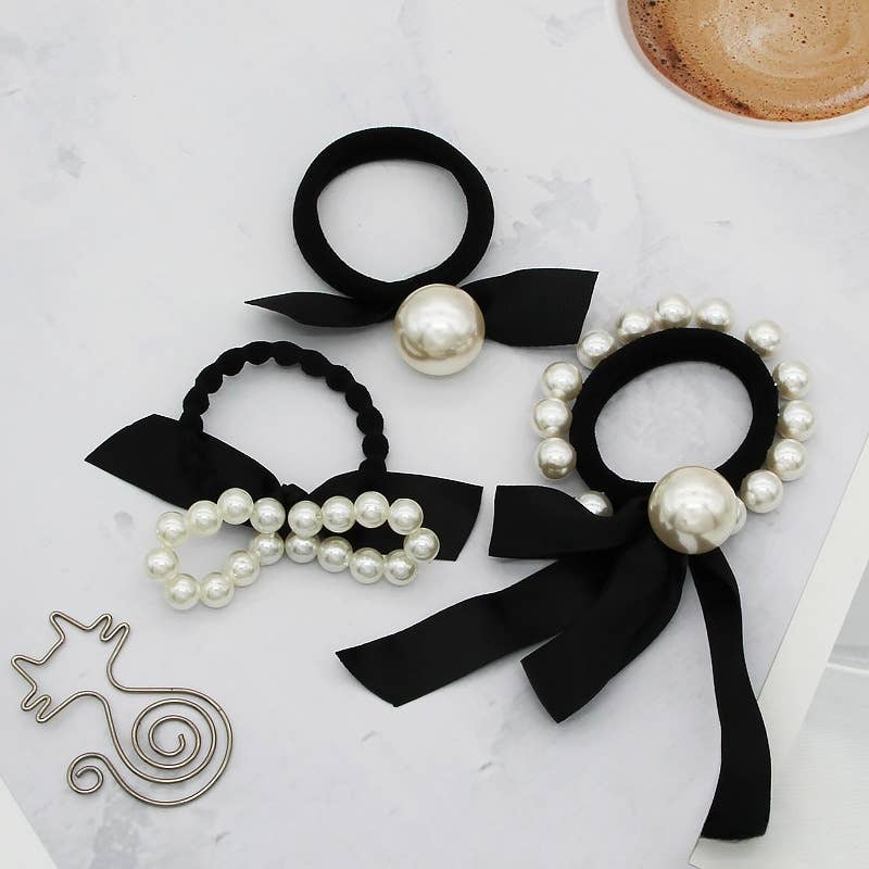 Pearl Lace Houndstooth Bow Hair Tie_Cwaha08049