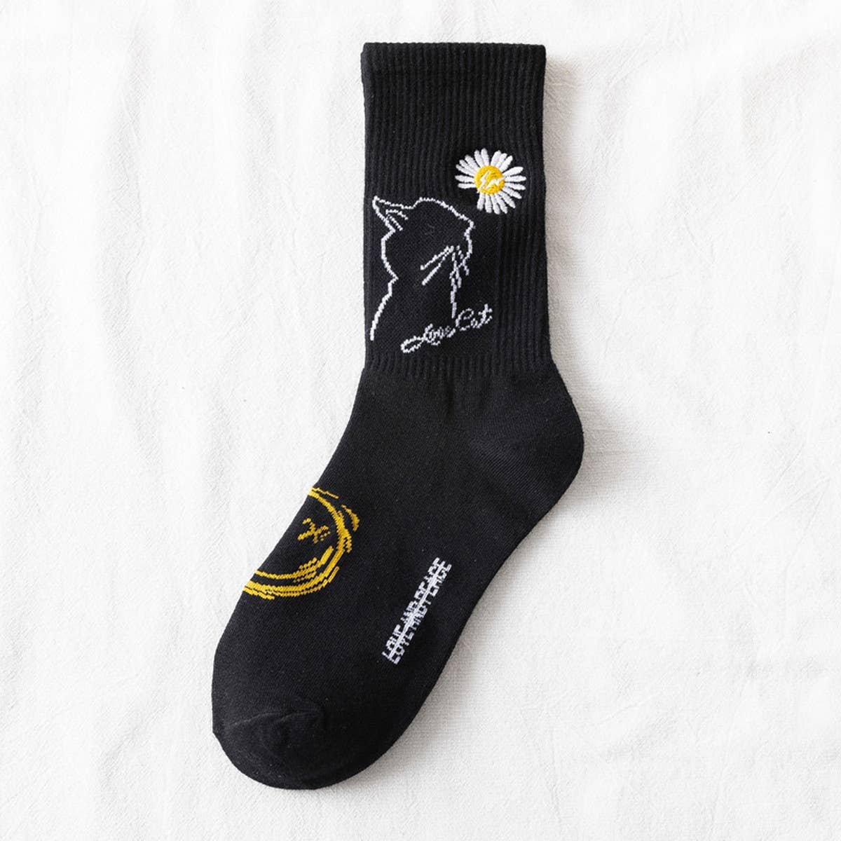 Women Black Daisy Socks_Cwms0670