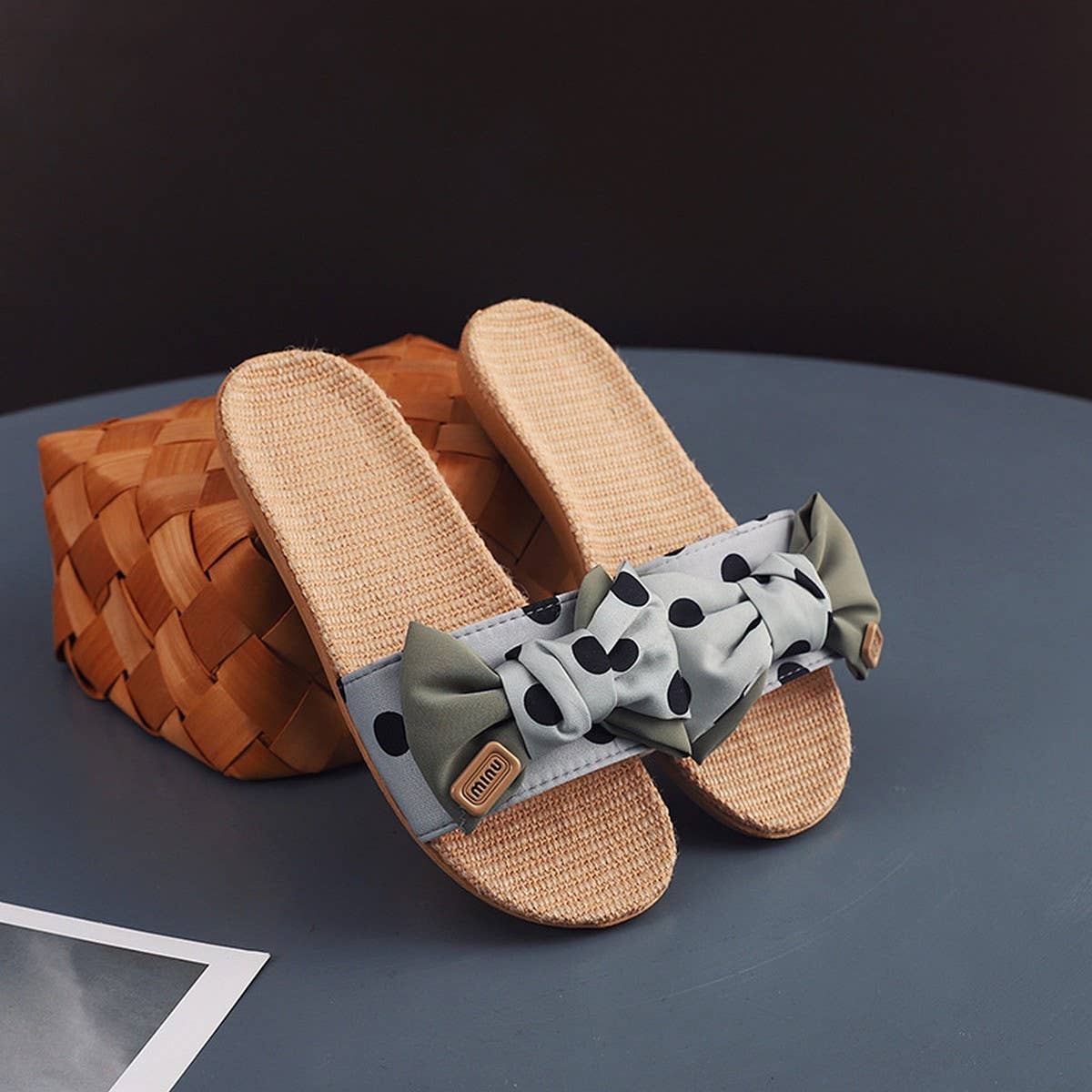 POLKA DOT LINEN BOW SLIPPERS SOFT SOLE NON SLIP_CWSHF0185