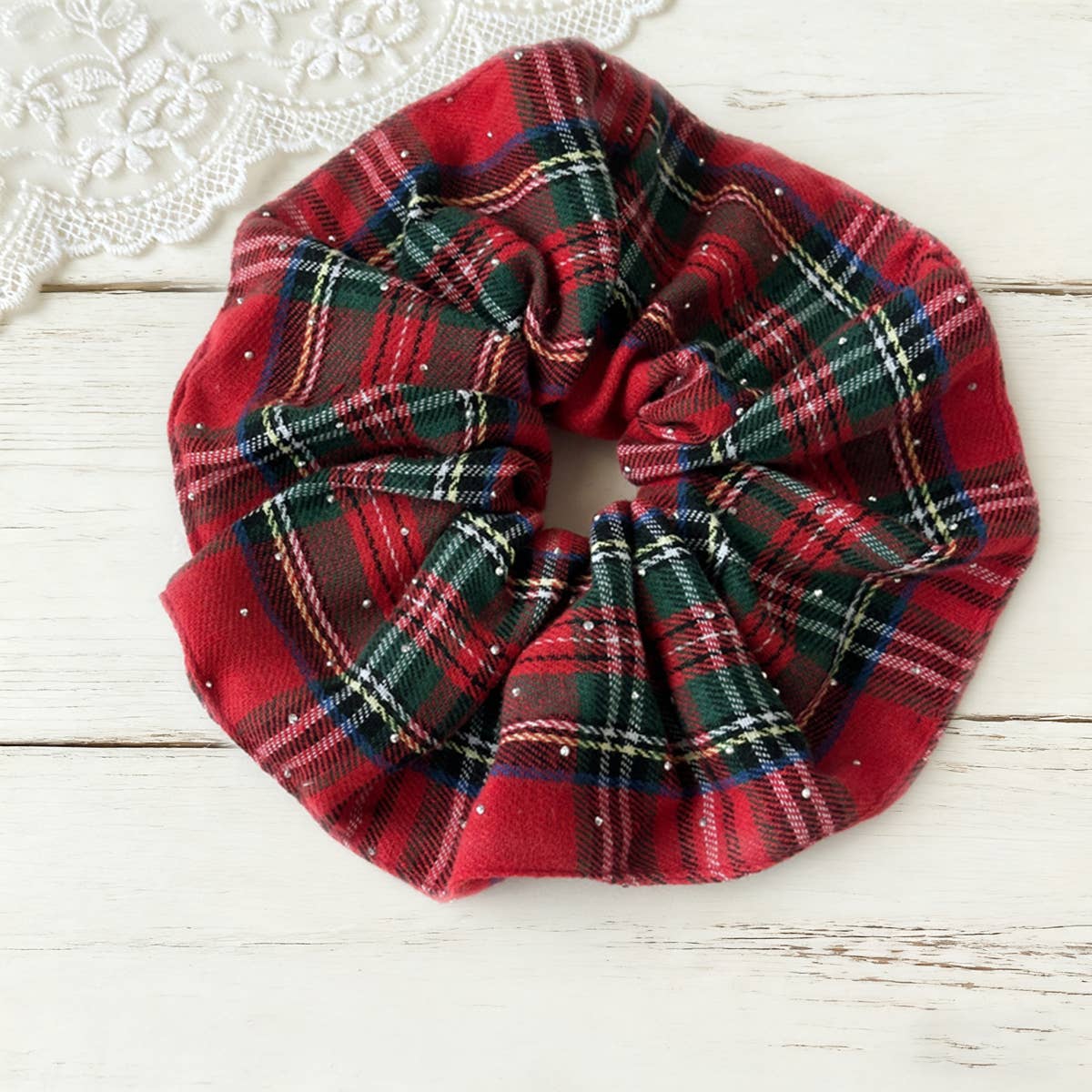 Xmas Plaid Bead Hair Scrunchie Retro Tie_Cwaha07608