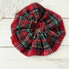 Xmas Plaid Bead Hair Scrunchie Retro Tie_Cwaha07608