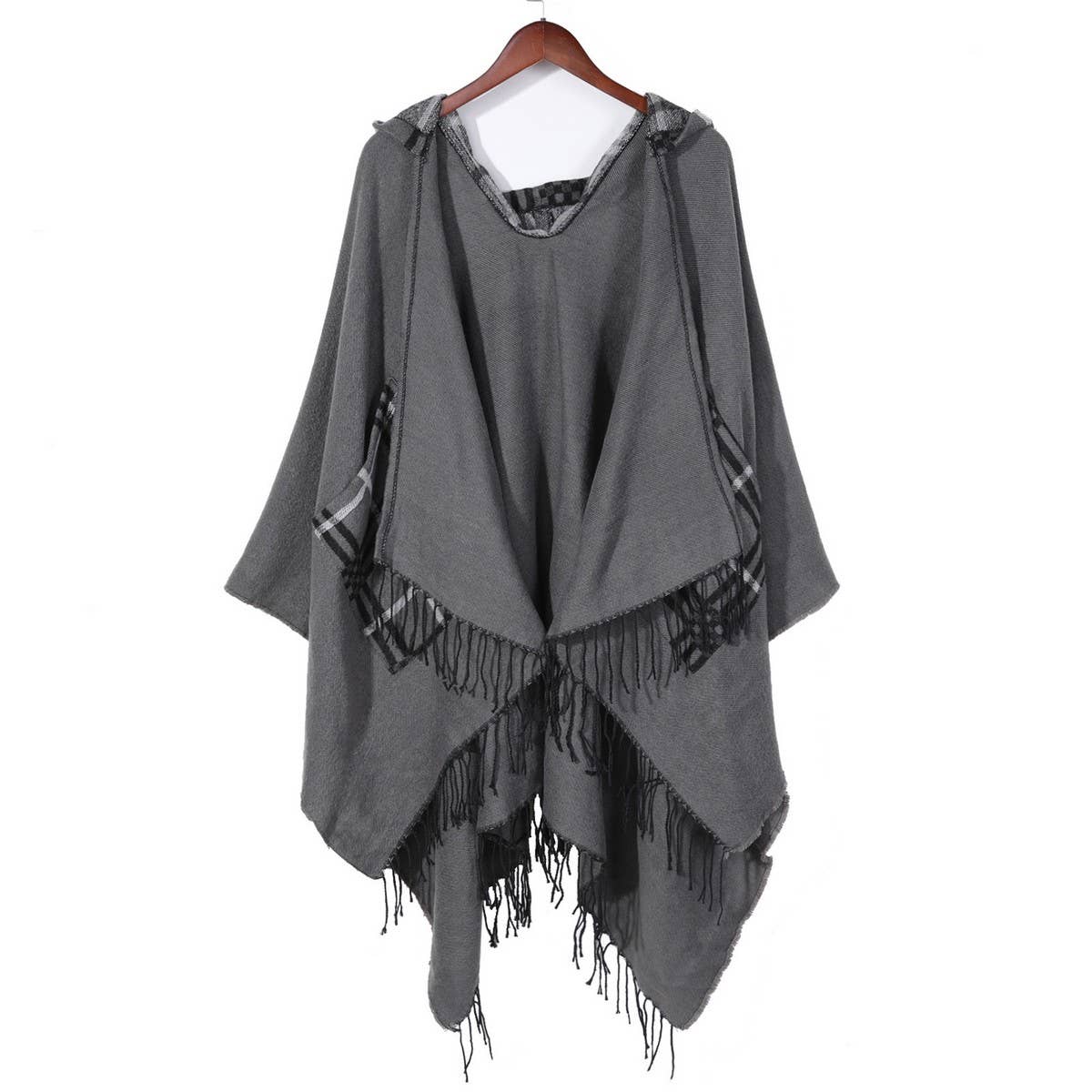 Women Hooded Tassel Split Shawl Wrapped Cloak