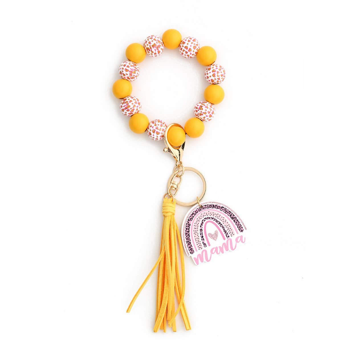 LEOPARD WOOD BEAD BRACELET HEART KEYCHAIN_CWAB5075