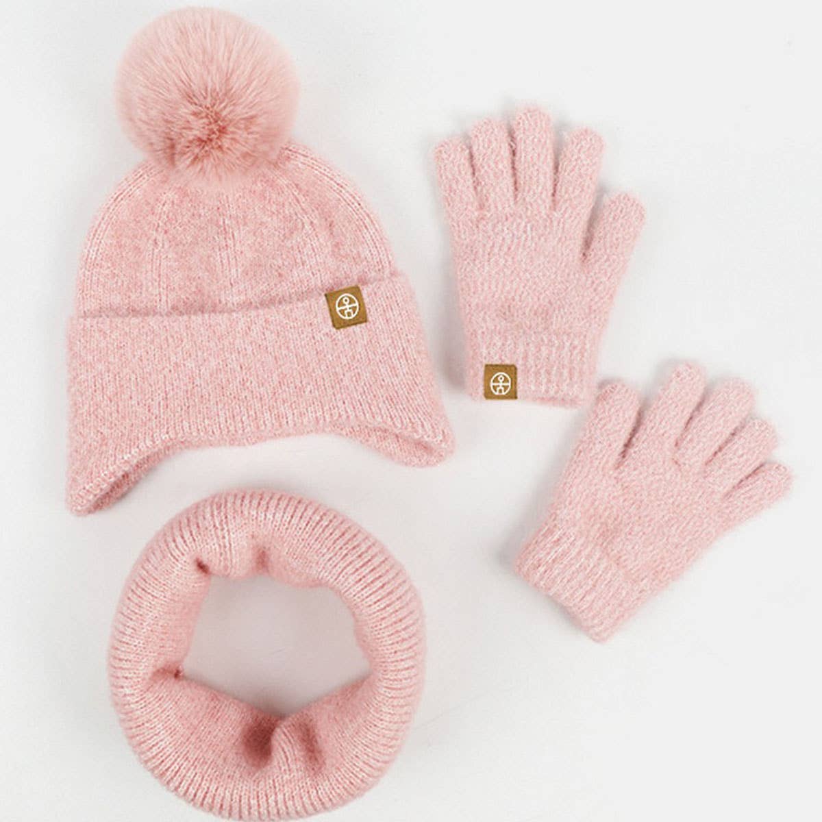 KNITTED POM POM EARMUFF HAT THREE PIECE SET_CWMM2804