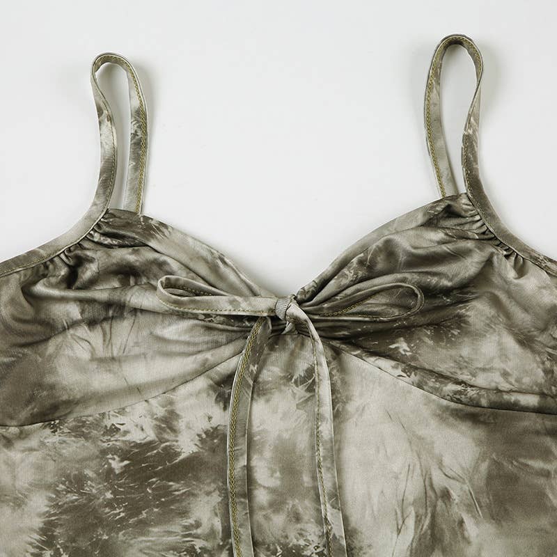 Vintage Tie-Dye Bow Pleated Bust V-Neck Halter