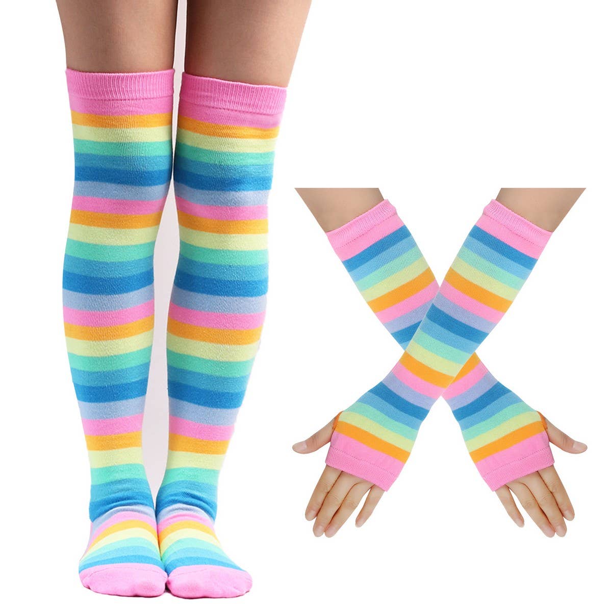 COLORFUL STRIPED KNEE SOCKS AND GLOVES SET_CWMS0309