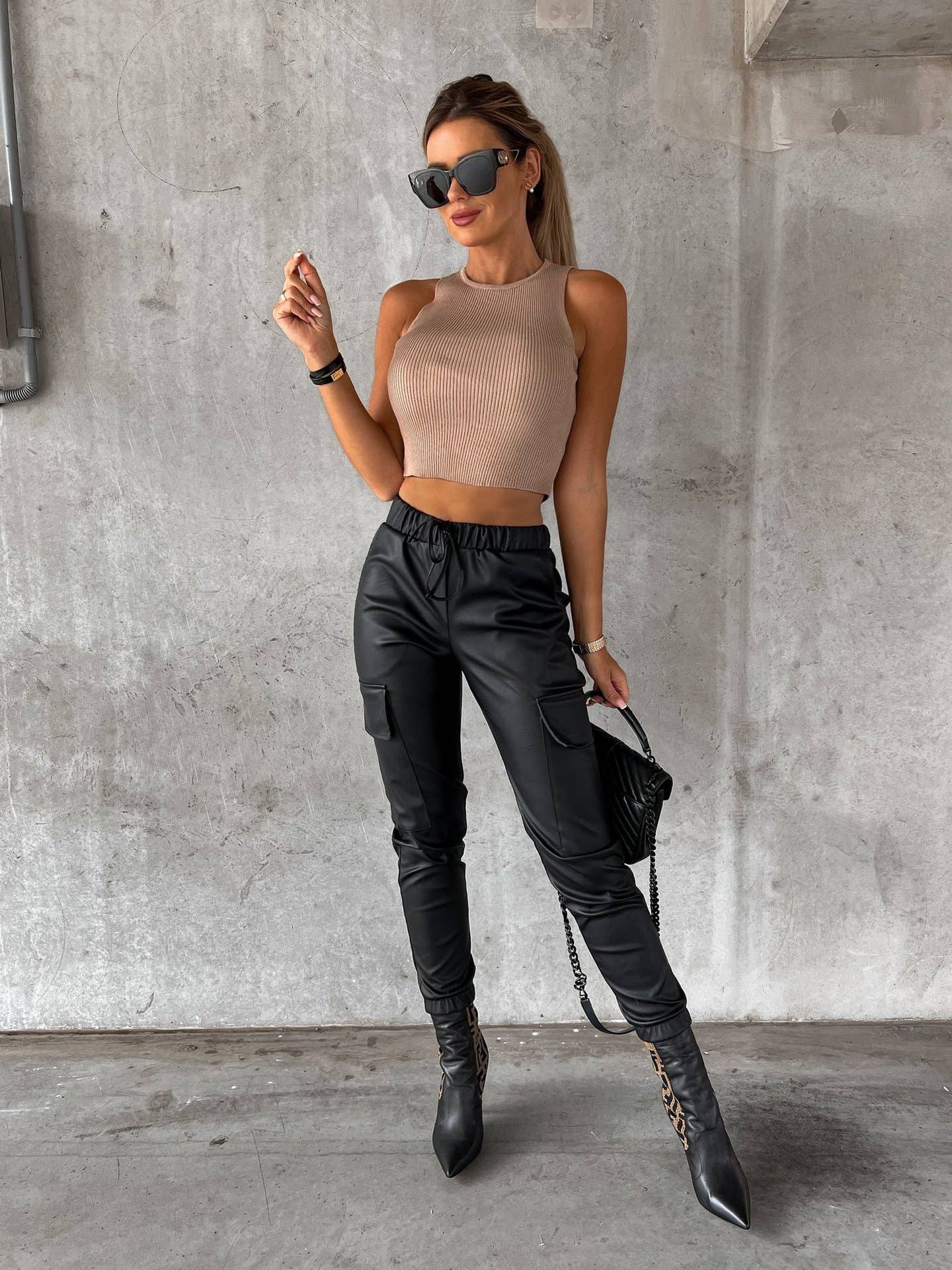 Waist-Cinching Street Drawstring Leather Pants