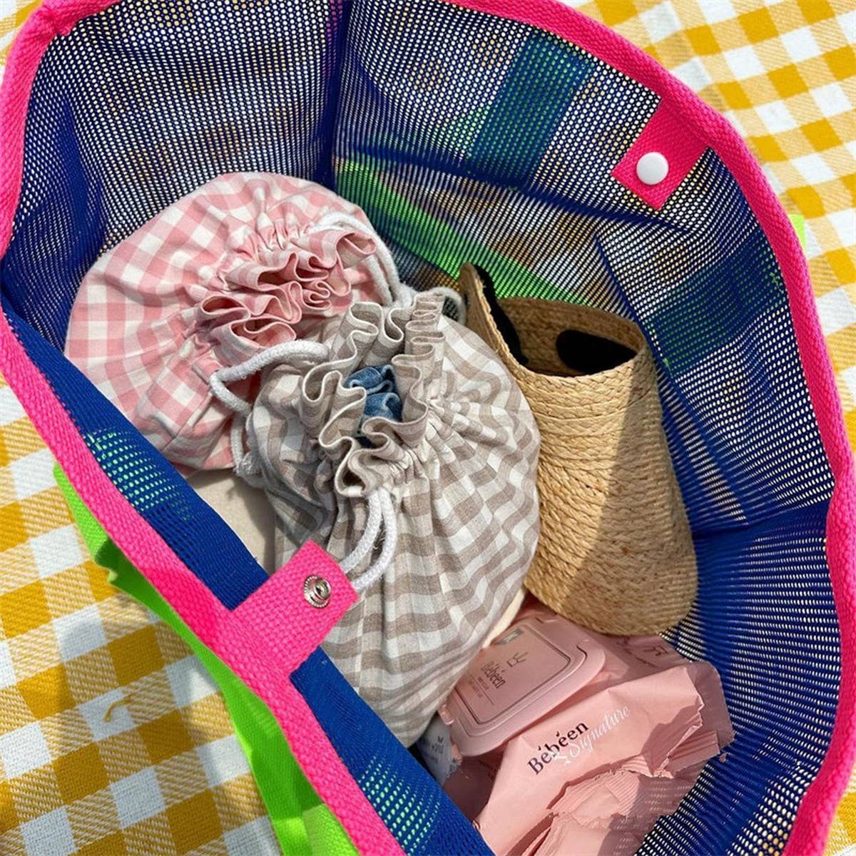 Mesh Contrast Color Beach Travel Storage Bag_Cuab00461
