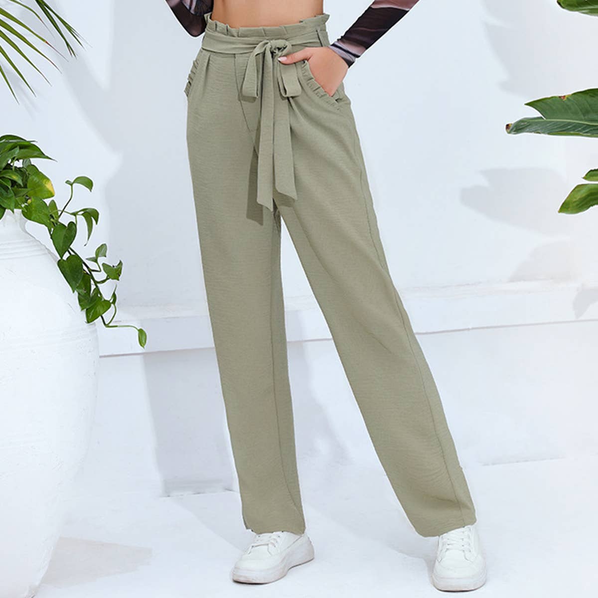 Solid Color Tie Waist High Rise Slim Fit Pants