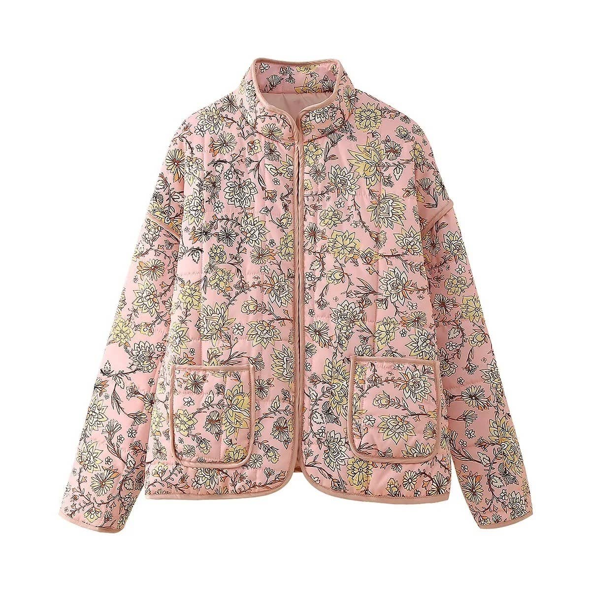 STAND COLLAR FLORAL PRINT LOOSE QUILTED JACKET_CWOJA1560