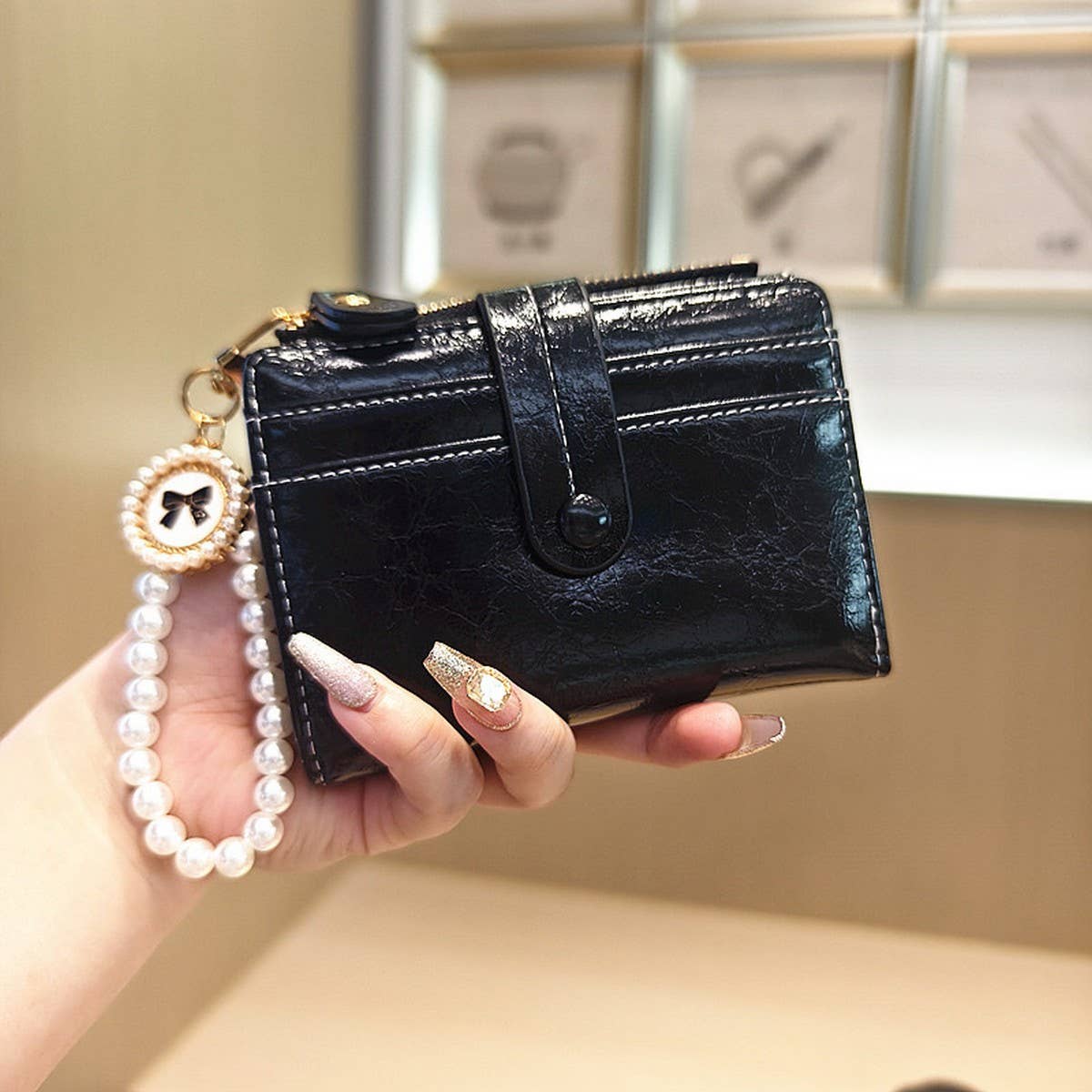 Unique Vintage Pearl 2-Fold Wallet With Zipper_Cwab06249