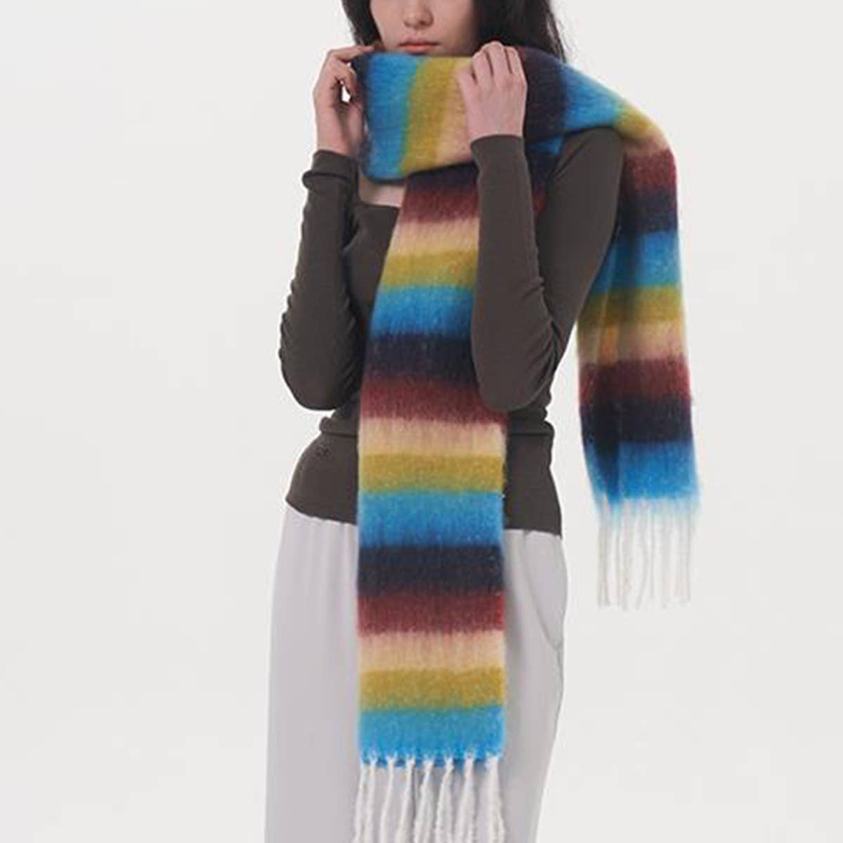Women Striped Fringed Plaid Scarf