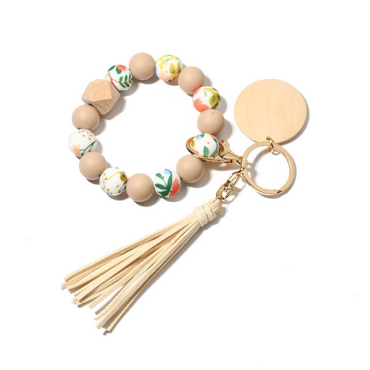 SILICONE BEAD BRACELET KEYCHAIN WITH BEECH WOOD_CWMM6873