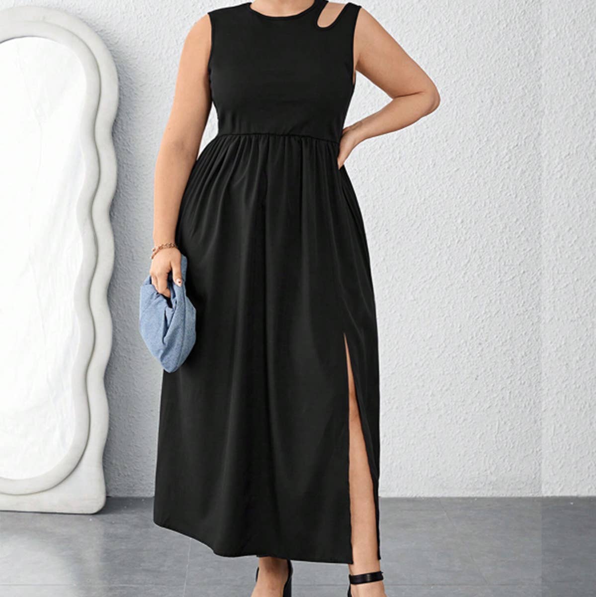 SLEEVELESS COLOR BLOCK CUTOUT WAIST DRESS_CWDMD6047